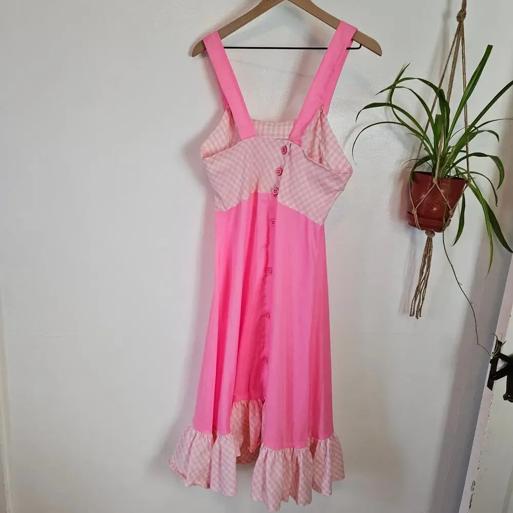Vintage Handmade Dress & Shawl M? L? Pink Gingham‎ Midi - Picture 9 of 14